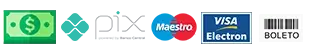 ícones das formas de pagamento aceitas pela Premoldados Planalto, com arte de uma nota de dinheiro em espécie, a logo do pix, a logo do mastercard maestro, do visa eletron e de boleto, com código de barras